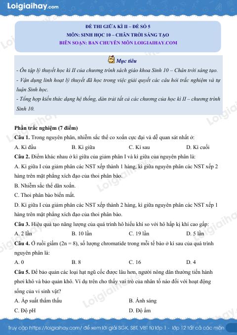 Đề thi giữa kì 2 Sinh 10 Chân trời sáng tạo - Đề số 5